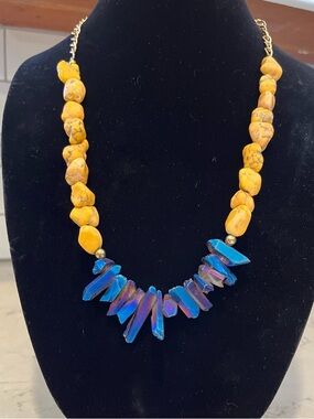 Vibrant Blue Aura Crystal and irregular yellow stone beads Statement Necklace